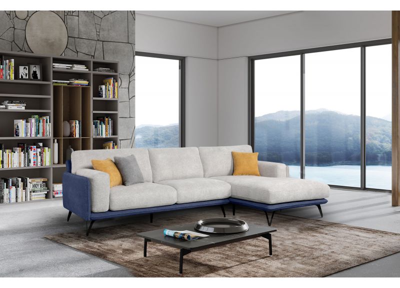 3 Seater L Shape Sofa with Chaise in Beige and Blue Colour - Mackenzie